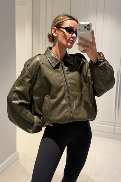 NET OF NOT Kadın Haki Bomber Kalıp Yumuşak Deri Ceket