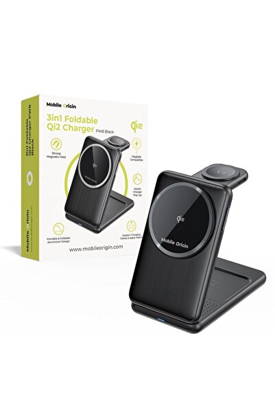 Mobile Origin 3 σε 1 Αναδιπλούμενος Φορτιστής Qi2 PW8, μαύρος