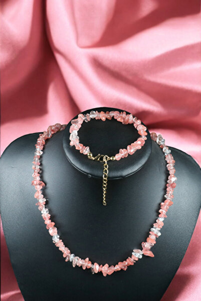 Zodyak Doğal Taş Rose Quartz Bracelet Rose Quartz Necklace Bracelet Set Steel...