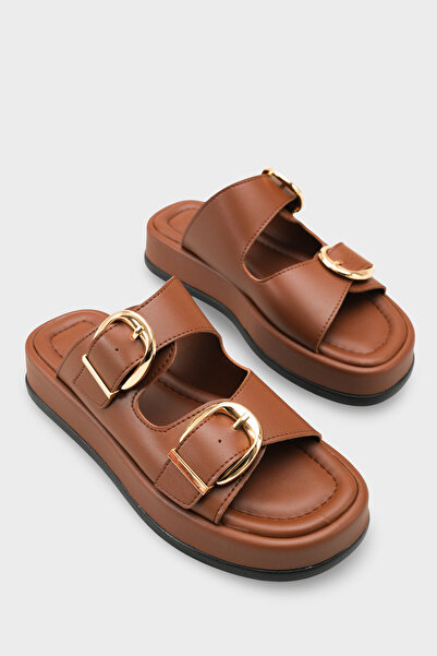 Riccon Γυναικείες παντόφλες με διπλή πόρπη Alya Clara 0012683 Καφέ δέρμα