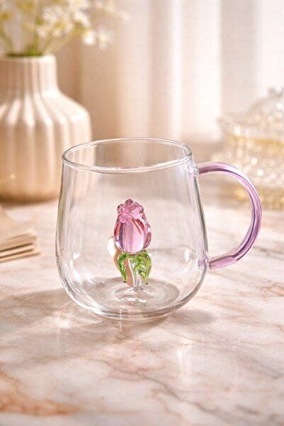 Emal Home Handmade Glass Mug with Rose Detail – Aesthetic Design Cup