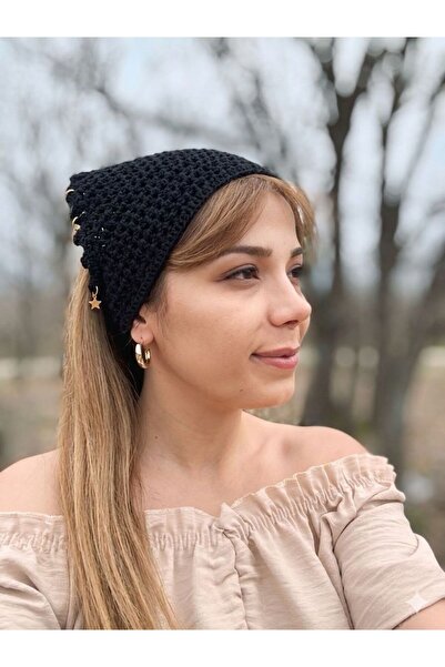 Muhteşem Concept Black Mesh Bandana, Star Detailed Knitted Bandana Bohemian S...