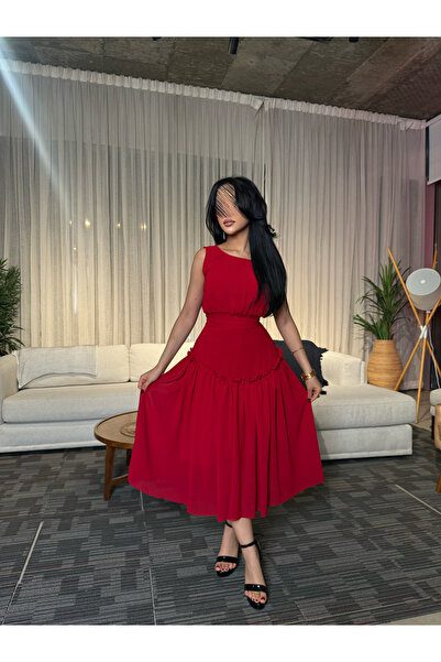 NO BRAND Red Sleeveless Midi Dress