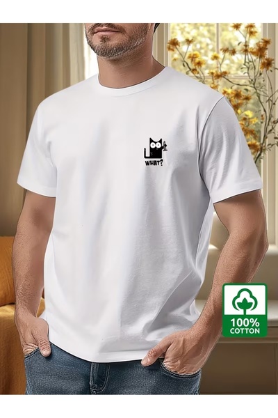 AEMİ Ουνισέξ Γάτα Τι; Μπλουζάκι με στάμπα, oversized, με λαιμόκοψη ποδηλάτου