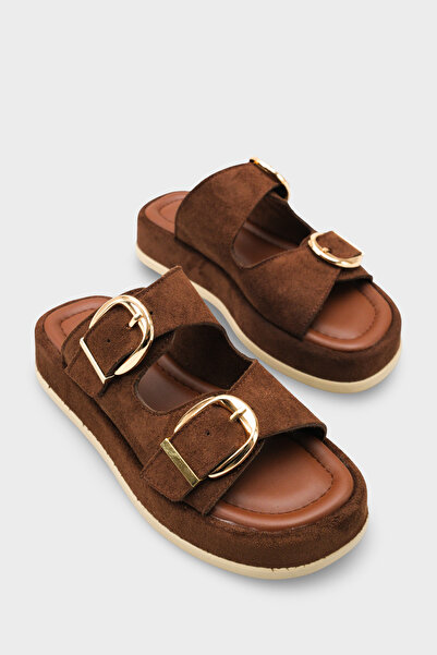 Riccon Γυναικείες παντόφλες με διπλή πόρπη Alya Clara 0012683 Καφέ σουέντ