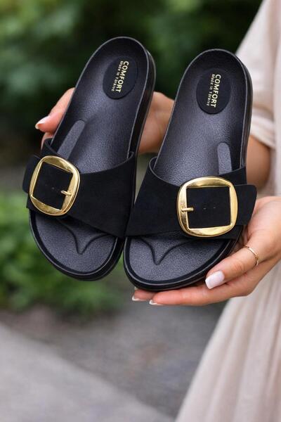 redtan Γυναικείες μαύρες άνετες παντόφλες με μεγάλη μονή πόρπη, λεπτομερείς ο...