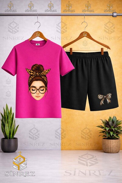 SİNREZ Çocuk Unisex KIZ KURDALE TAM YUZ Baskılı Bisiklet Yaka Tişört - Şort T...