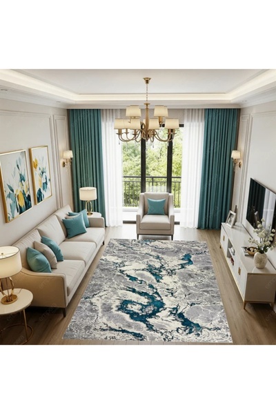 SELECT Μοντέρνο Χαλί Μαρμάρινο Γκρι Λευκό Δίχρωμο με Τυρκουάζ Αντιολισθητικό