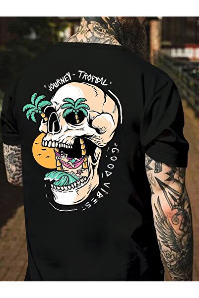 AEMİ Μπλουζάκι Unisex Journey Tropical Baskılı Oversize Μπλοκ λαιμός