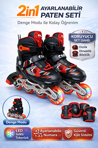 YILDIRIM OYUNCAK 2in1 LED Işıklı Çocuk Pateni + Koruyucu Set (Dizlik Dirsekli...