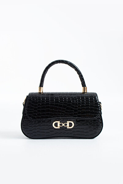 DEV 3 ADAM NÇS Μαύρη τσάντα χιαστί μπαγκέτα με κάλυμμα κροκόδειλου για γυναίκες