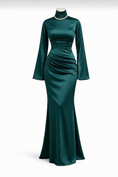 Tarzım Tuba Πράσινο ισπανικό βραδινό φόρεμα χιτζάμπ από σατέν Zara υψηλής ποι...