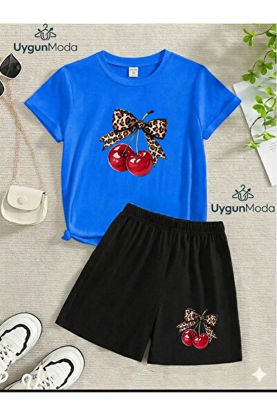 UygunModa Cherry Currant Printed T-Shirt Shorts Summer Children's Set