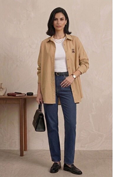 MODA Kadın Bej Ayıcık Nakışlı Oversize Gömlek - %100 Pamuklu Rahat Kesim Gömlek