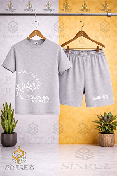 SİNREZ Children's Unisex Sunny Boy White Printed Crew Neck T-Shirt - Shorts Set