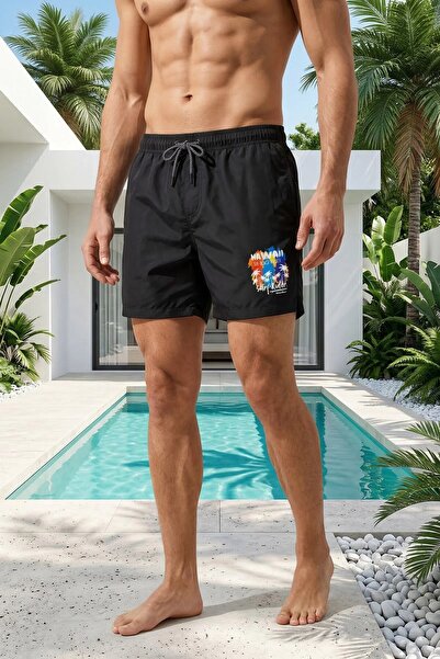 MADZEYMODA Printed Swim Shorts with Elastic Laces for Men, Lined Black Short ...