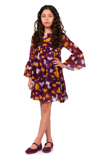 İrem Çocuk Giyim Girl's Speckled Patterned, Lined, Purple Color, Two-Piece Ch...