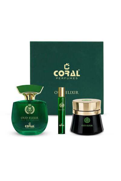 CORAL PERFUMES مجموعة هدايا كورال عود إليكسير للجنسين (عطر 100 مل + بخور 70 ج...