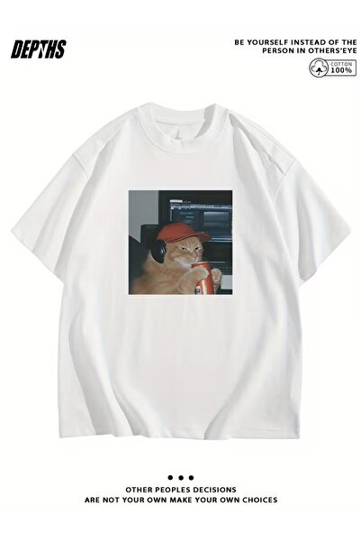 AEMİ Tricou unisex cu imprimeu Cat Cola, supradimensionat, cu gât rotund
