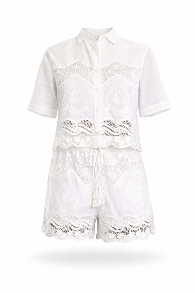 5in1Canpolat White Scallop Embroidered Shirt Shorts Set 39549
