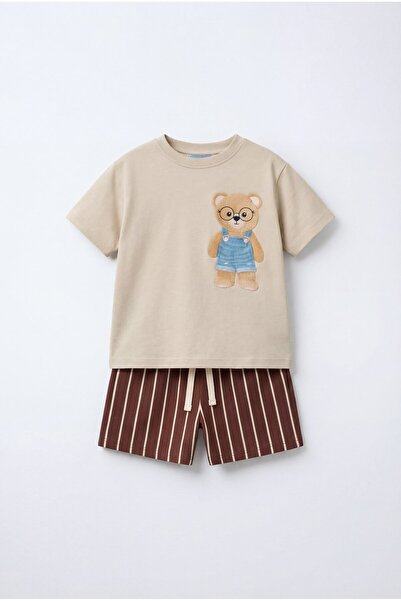 Magu طقم شورت مخطط للأطفال من القطن باللون البيج مطبوع عليه دمية دب