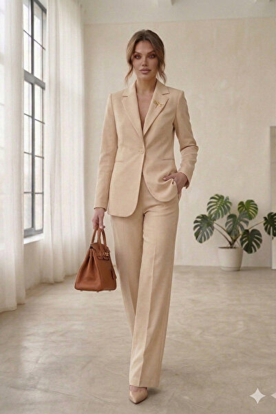 diaves Κρεμ γυναικείο σετ με αξεσουάρ, μπλέιζερ με μονό κουμπί και υφασμάτινο...