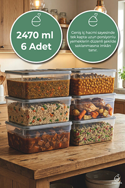 EVONİTA 6 Adet 2470 ml Saklama Kabı Seti Kapaklı Plastik Buzdolabı Düzenleyic...