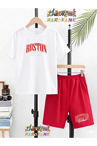 ZAROKANE Boston Text Printed Top and Shorts/T-Shirt Two-Piece Summer Kids' Set
