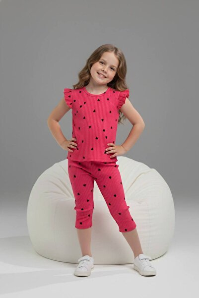 Yağmur Giyim PJKSKT Σετ κοντομάνικο για κορίτσια με μοτίβο καρδιάς, ριμπ ύφασ...