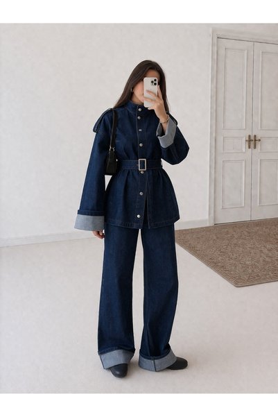 Ekim Store Lacivert Dik Yaka Kemerli Denim Takım