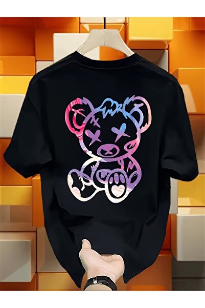 AEMİ Unisex πολύχρωμο μπλουζάκι με στάμπα αρκουδάκι και λαιμόκοψη oversize