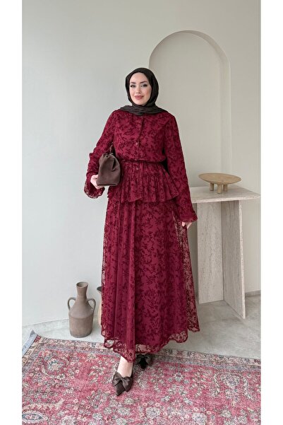 RFK Butik Kadın Dantel Detaylı Özel Tasarım Etekli Takım - Bordo