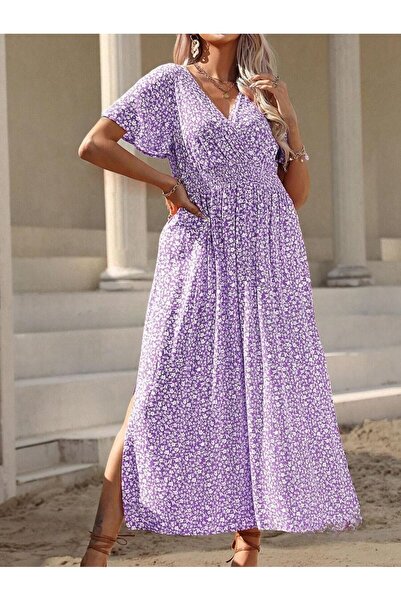 Iuliashop Rochie Midi Ramona Lila cu Print Floral Alb - Marimi Mari - 44