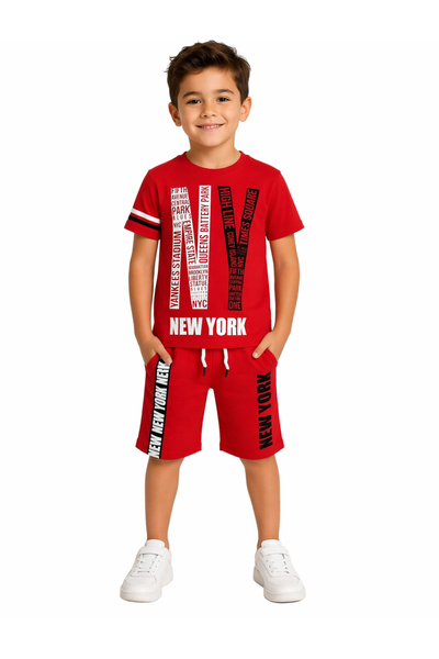 İrem Çocuk Giyim Boy's Red Color Two-Piece Set with Ny Text Patterned Shorts