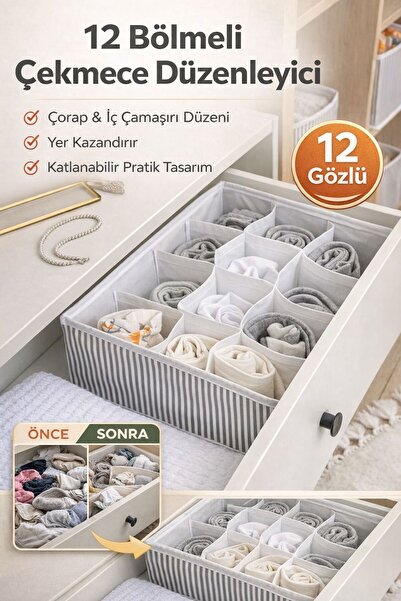 Funny Life 12 Bölmeli Çekmece Organizer | Çorap İç Çamaşırı Düzenleyici Katla...