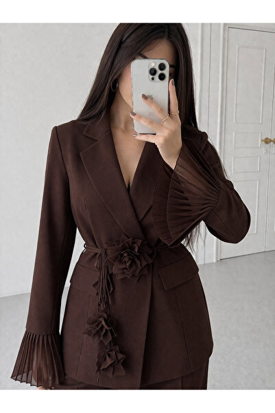 Ekim Store Çiçek Bağcıklı Kolları Tül Blazer Takım