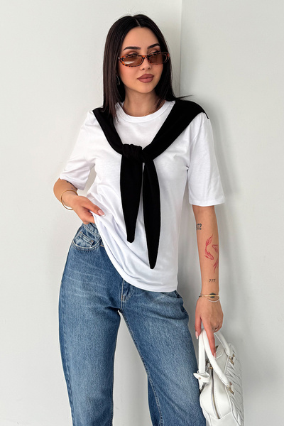 Noa&Noa Γυναικείο Λευκό Μπλουζάκι – Κομψό Βασικό T-Shirt με Λεπτομέρεια Φουλάρι