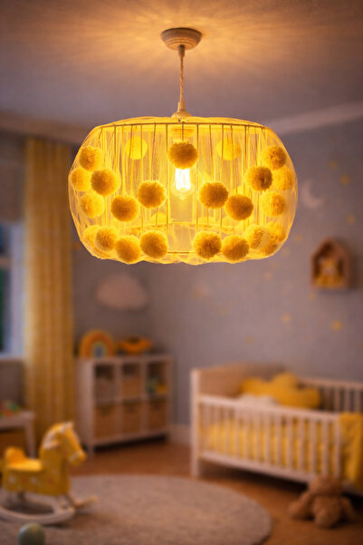 NGAHOME Ponponlu Çocuk Odası Avizesi 30 cm | Metal Kafes, Tüllü, E27 Duy Deko...