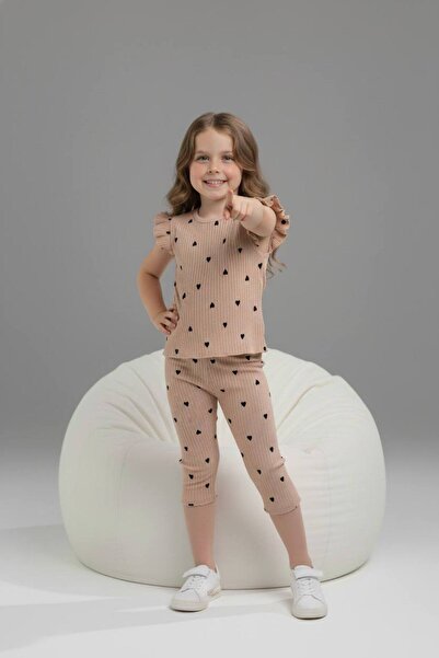 Yağmur Giyim PJKSKT Σετ κοντομάνικο για κορίτσια με μοτίβο καρδιάς, ριμπ ύφασ...