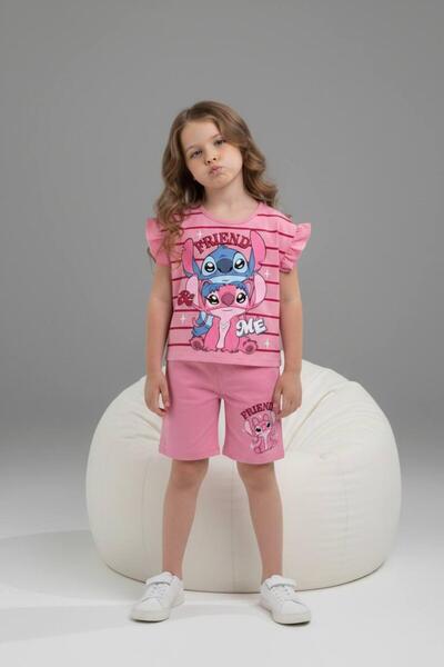 pebby Character Patterned Ruffle Sleeve Detailed Girls' Shorts Set with Pockets