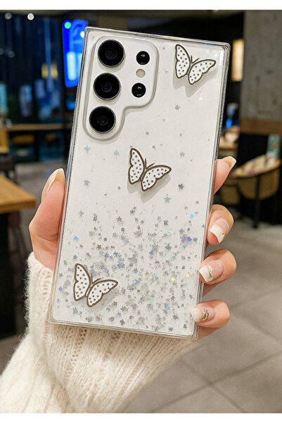 Rivor Samsung Galaxy S26 Ultra Kılıf Kamera Çıkıntılı Simli Kelebek Kabartmal...