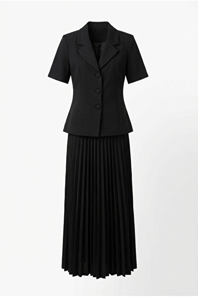 HAZELANNA Short Sleeve Black Jacket-Skirt Set