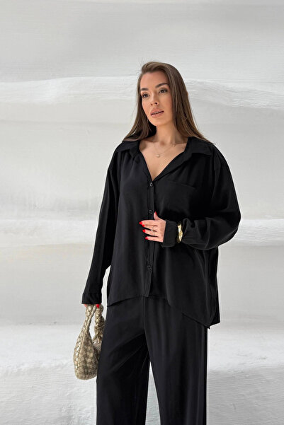 URİS Γυναικείο Μαύρο Oversize Κομψό Πουκάμισο από Ύφασμα Tencel, Σετ Παντελόν...