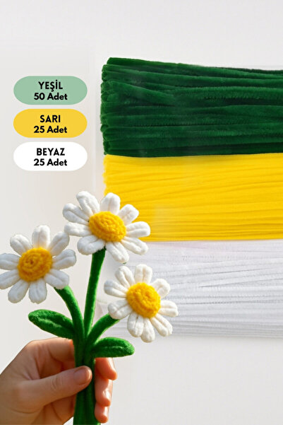 Bimotif 100lü tüylü tel şönil, 30 cm (50 adet Yeşil, 25 adet Sarı, 25 adet Be...