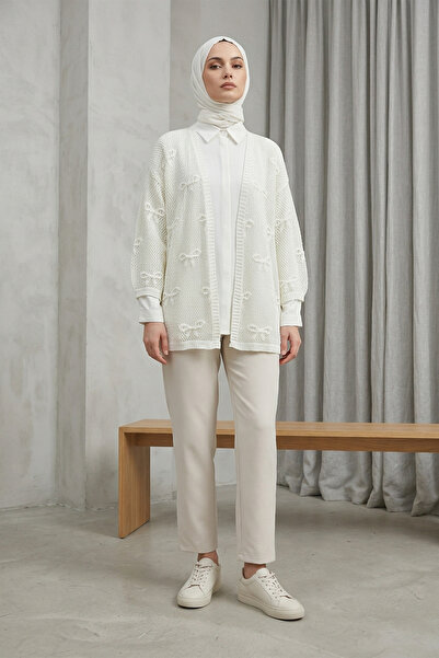 MODAQU Bow Pattern Knitwear Openwork Cardigan - White