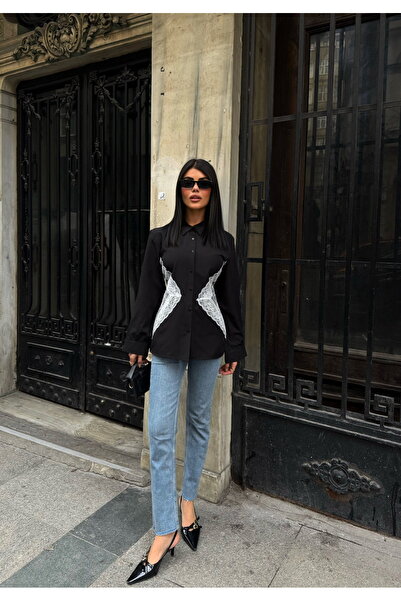 LB Laluna Butik Γυναικείο πουκάμισο με δαντέλα και λεπτομέρεια στη μέση