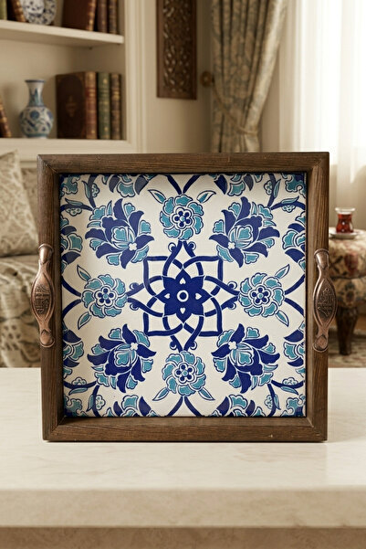 Dekoratif İznik Desenli Ahşap Tepsi 22x22 cm Kulplu Türk Malı Kahve Sunum Tep...