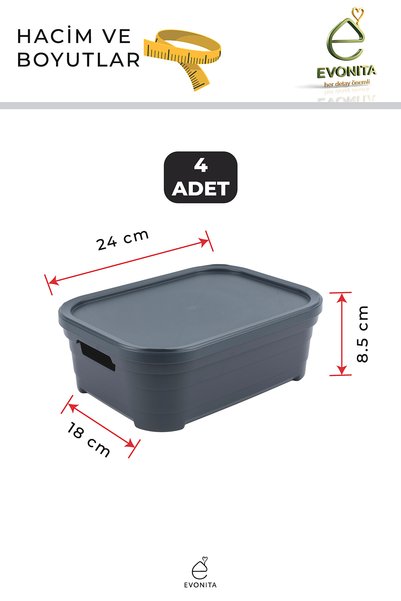 EVONİTA 4 Pieces 2.8 Lt Storage Box with Lid Organizer Closet Organizer Stackable Box Set