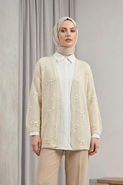 MODAQU Bow Pattern Knitwear Openwork Cardigan - Cream