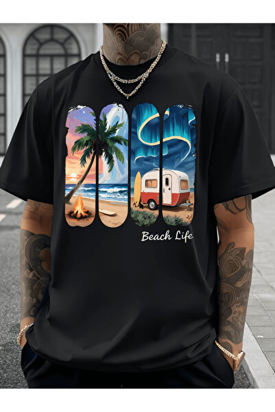 gencerco Μπλουζάκι Bay Beach Life με λεπτομερή στάμπα, Premium Oversize